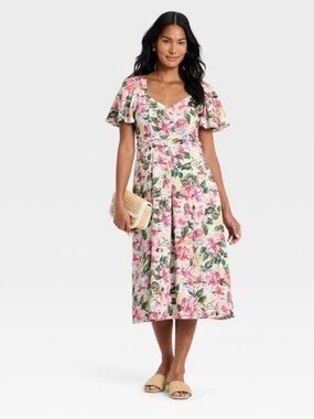 a new day Floral V-Neck Midi Dress in Pink and Green